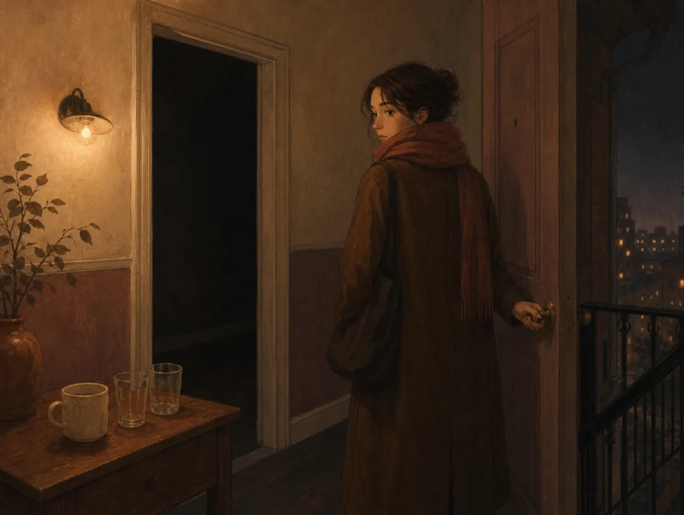 Situationship Quiz: Is This a Relationship or Not?: a person in a coat pauses at a dim apartment door, unsure whether to