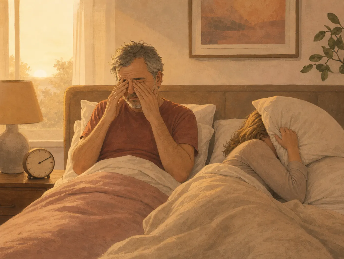 Sleep Apnea Risk Test: a tired man sits up in bed at dawn rubbing his eyes while his partner covers her ears