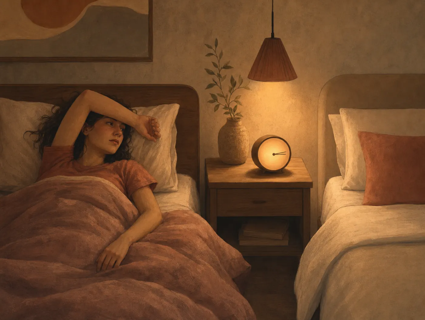 Sleep Quality Test: a person lying awake at night, arm over their eyes, glancing at a bedside clock in the dark bedroom