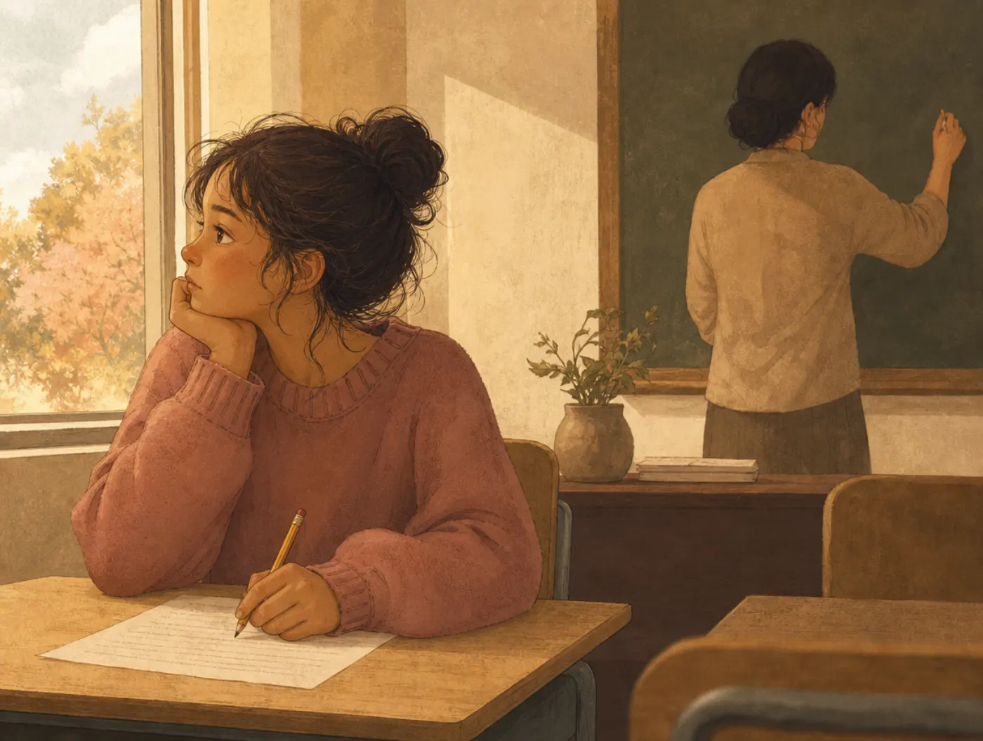 Cognitive Disengagement Syndrome Test: a student staring blankly out a classroom window, pencil idle on an unfinished wo