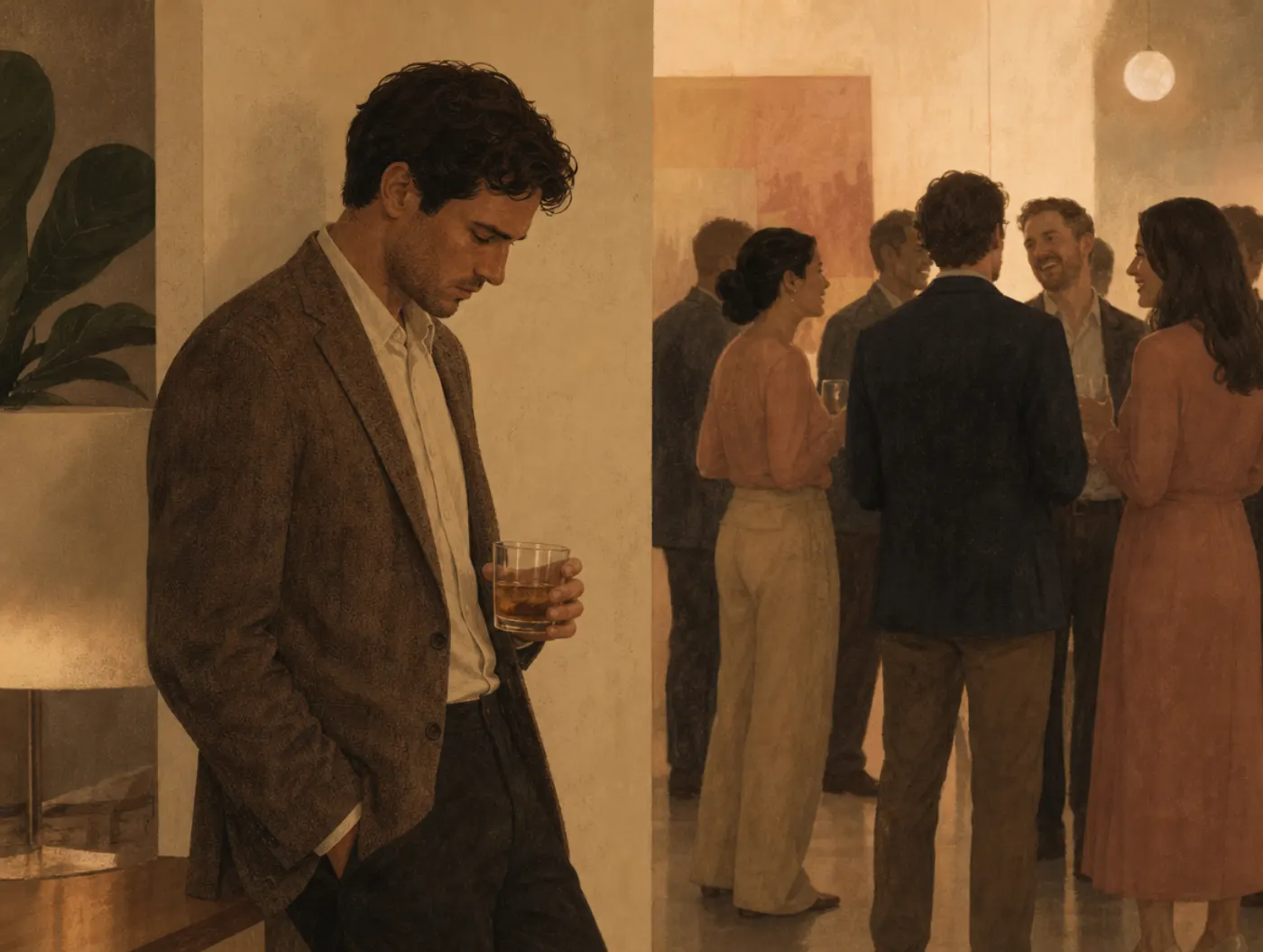 Social Anxiety Test: a man at the edge of a party gripping an untouched drink, avoiding eye contact with the group nearb