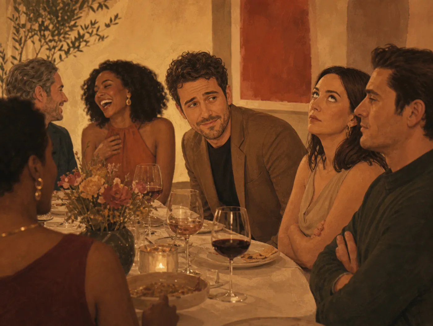 Social Intelligence Test: a man at a dinner party noticing a friend's eye-roll and a couple's tense body language while