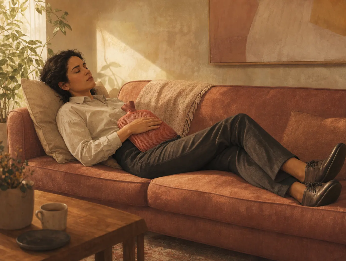 Somatic Symptom Test: adult on a couch mid-workday, hand on stomach, hot water bottle on their abdomen