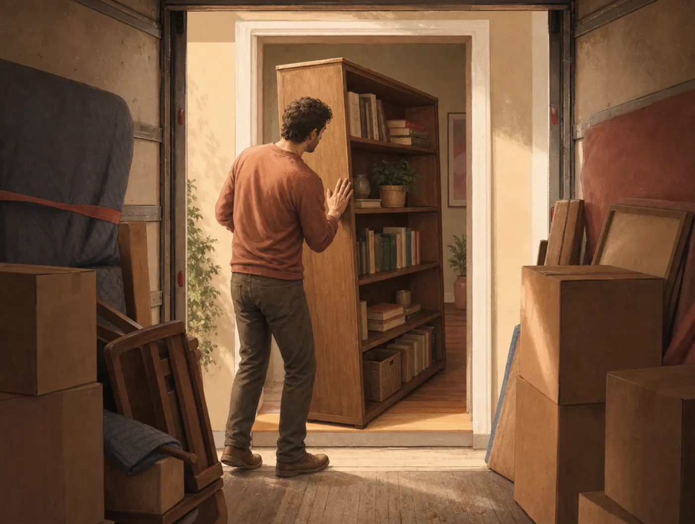 Spatial Reasoning Test: person eyeing a bookshelf and doorway, judging whether it will fit if turned before moving it