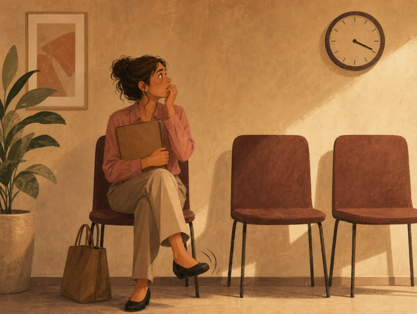 State vs Trait Anxiety Test: a job applicant waiting, knee bouncing, nail-bitten hands on a resume folder
