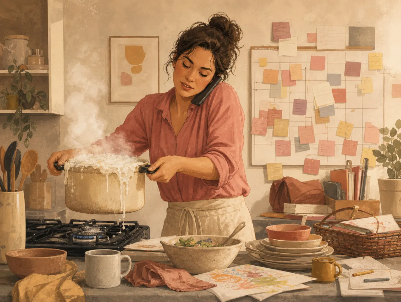 Stress Level Test: person juggling a phone call and a boiling-over pot in a kitchen, calendar crammed with appointments