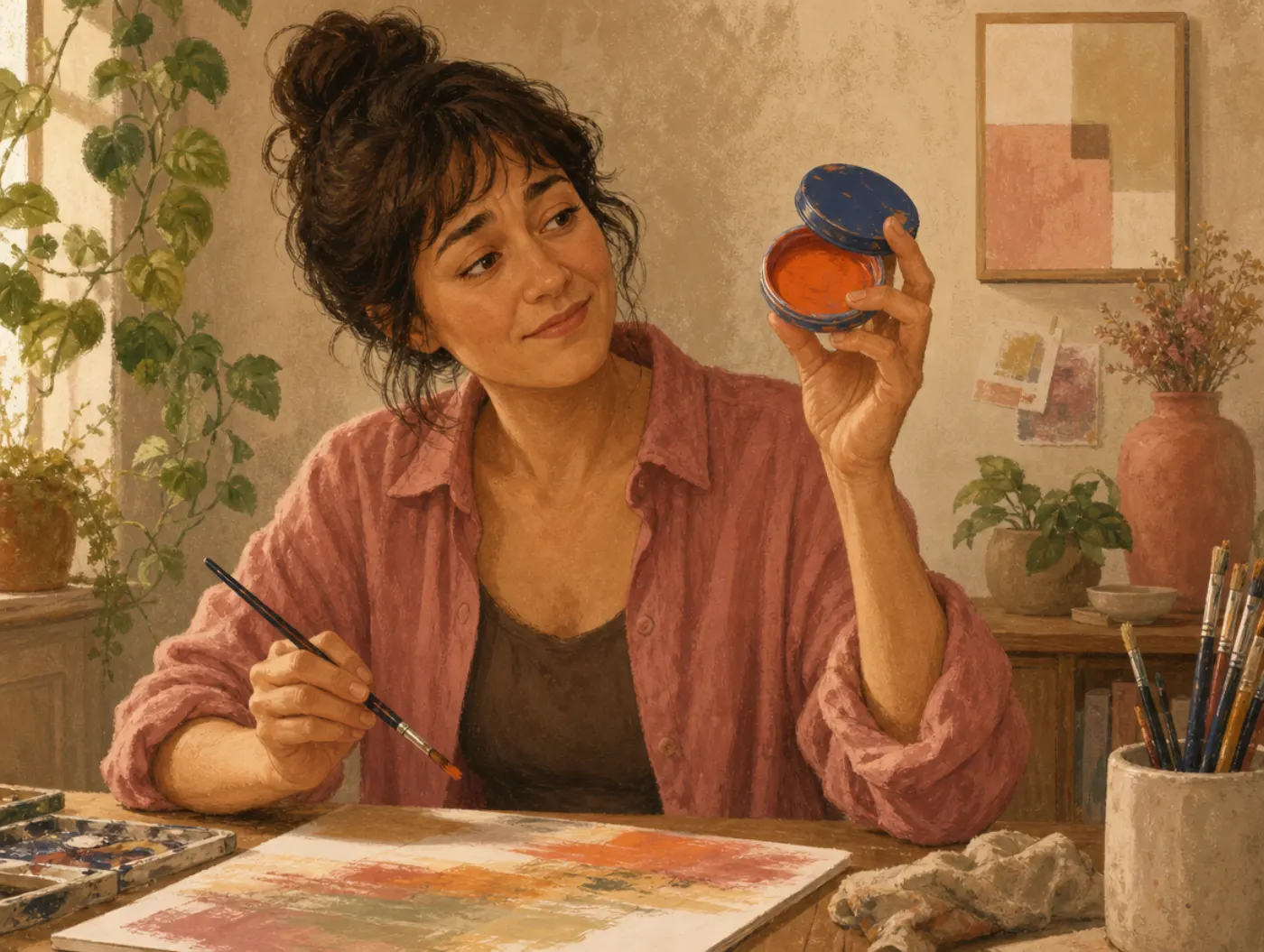 Stroop Test: an adult holding a paint pot with a blue lid but orange paint inside, brush paused mid-stroke