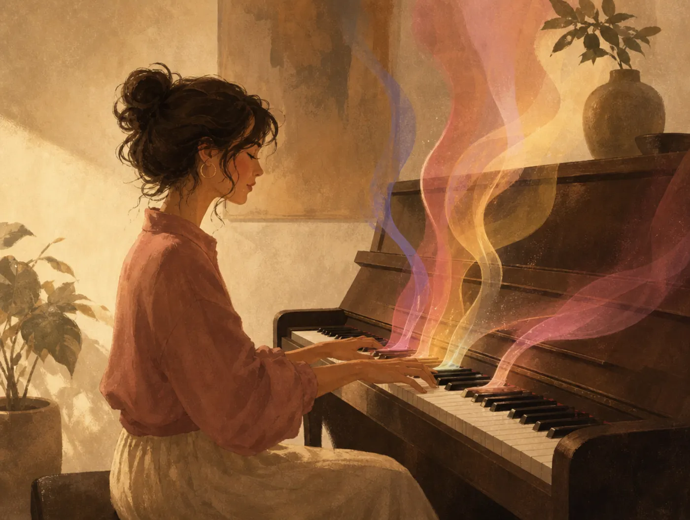 Synesthesia Test: a pianist playing while colored ribbons of light hover above certain piano keys