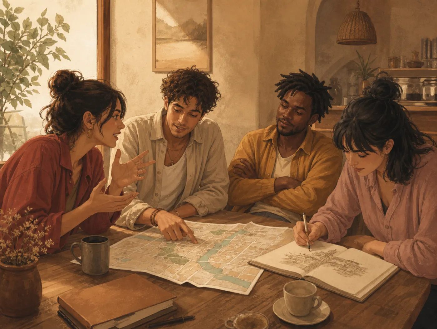 Temperament Test: four friends at a café table reacting to trip plans, talkative, decisive, reserved, and quietly reflec