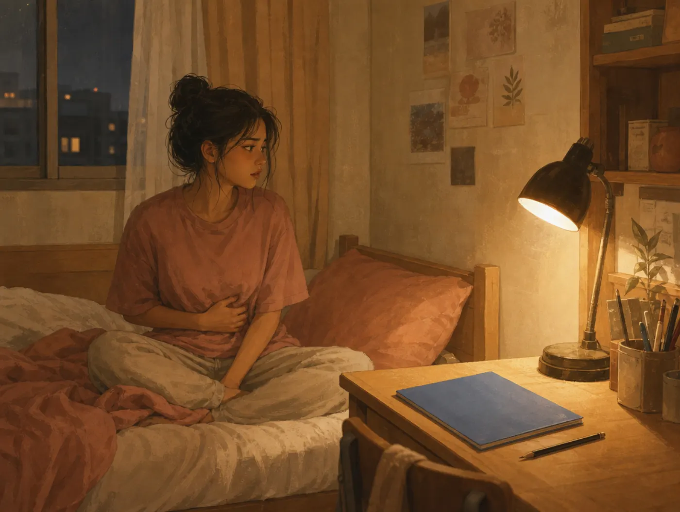 Test Anxiety Test: student awake at 3 a.m., hand on stomach, an untouched blue exam booklet under the desk lamp