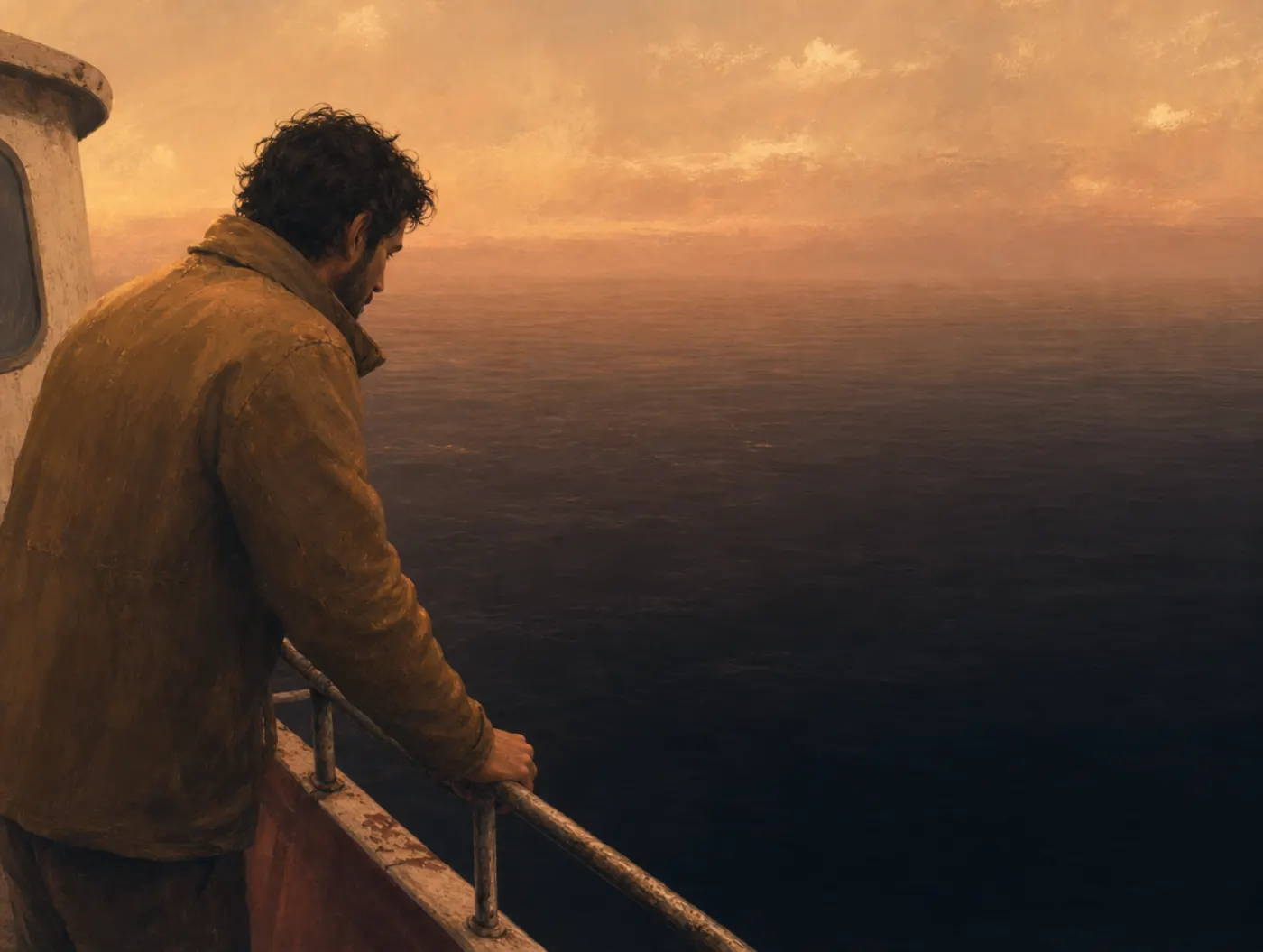 Thalassophobia Test: an adult gripping a boat railing, staring at dark, bottomless open water far from shore