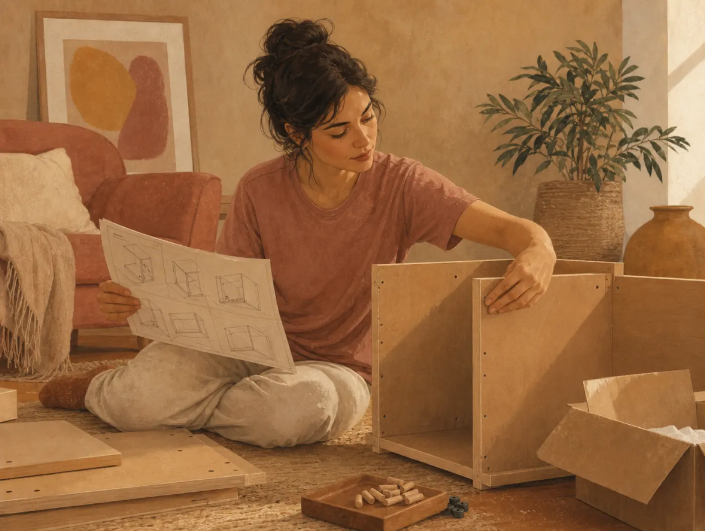 Thinking Style Test: a person assembling flat-pack furniture, testing a joint by feel while holding a diagram instructio