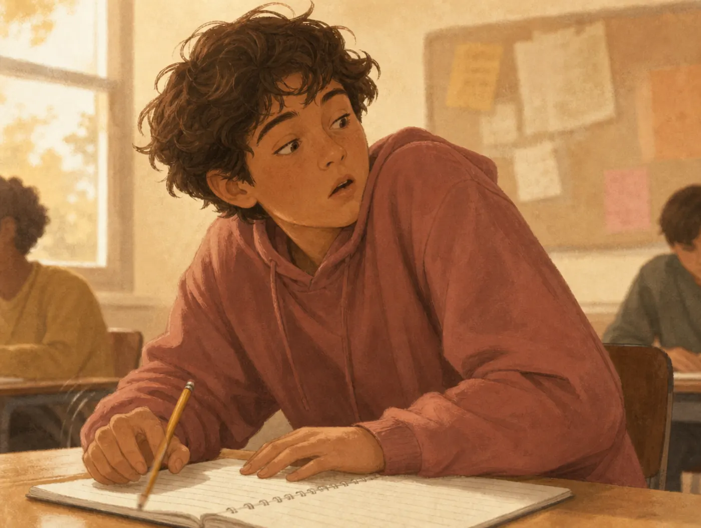 Tic Disorder Test: teen at a school desk with shoulder hitched up and head jerked sideways, pencil skidding off the note