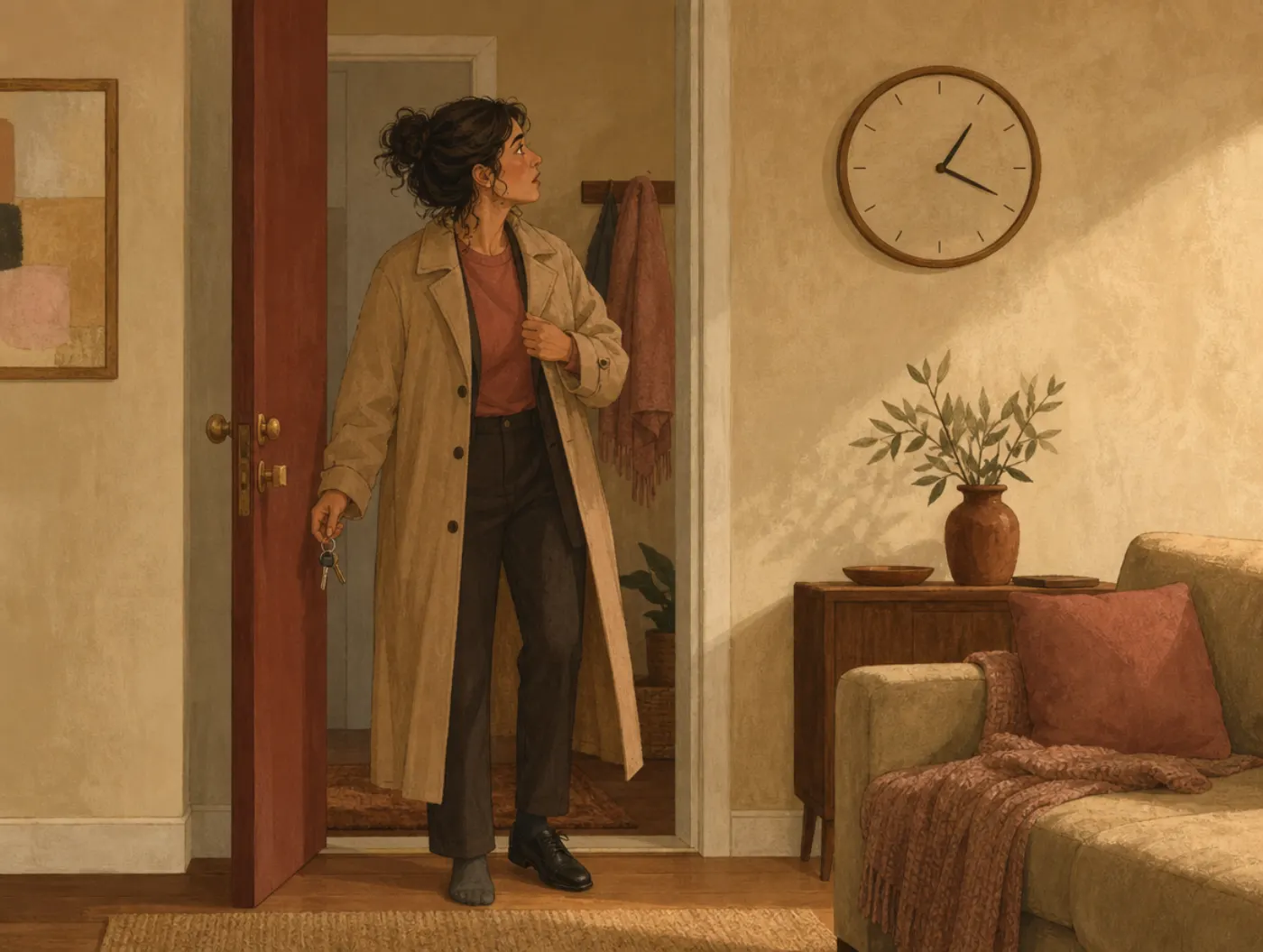 Time Blindness Test: an adult in a doorway, one shoe on, staring at a clock reading later than expected