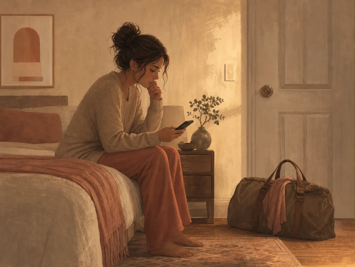Toxic Relationship Test: woman on a bed re-reading old text messages, a packed bag waiting by the door