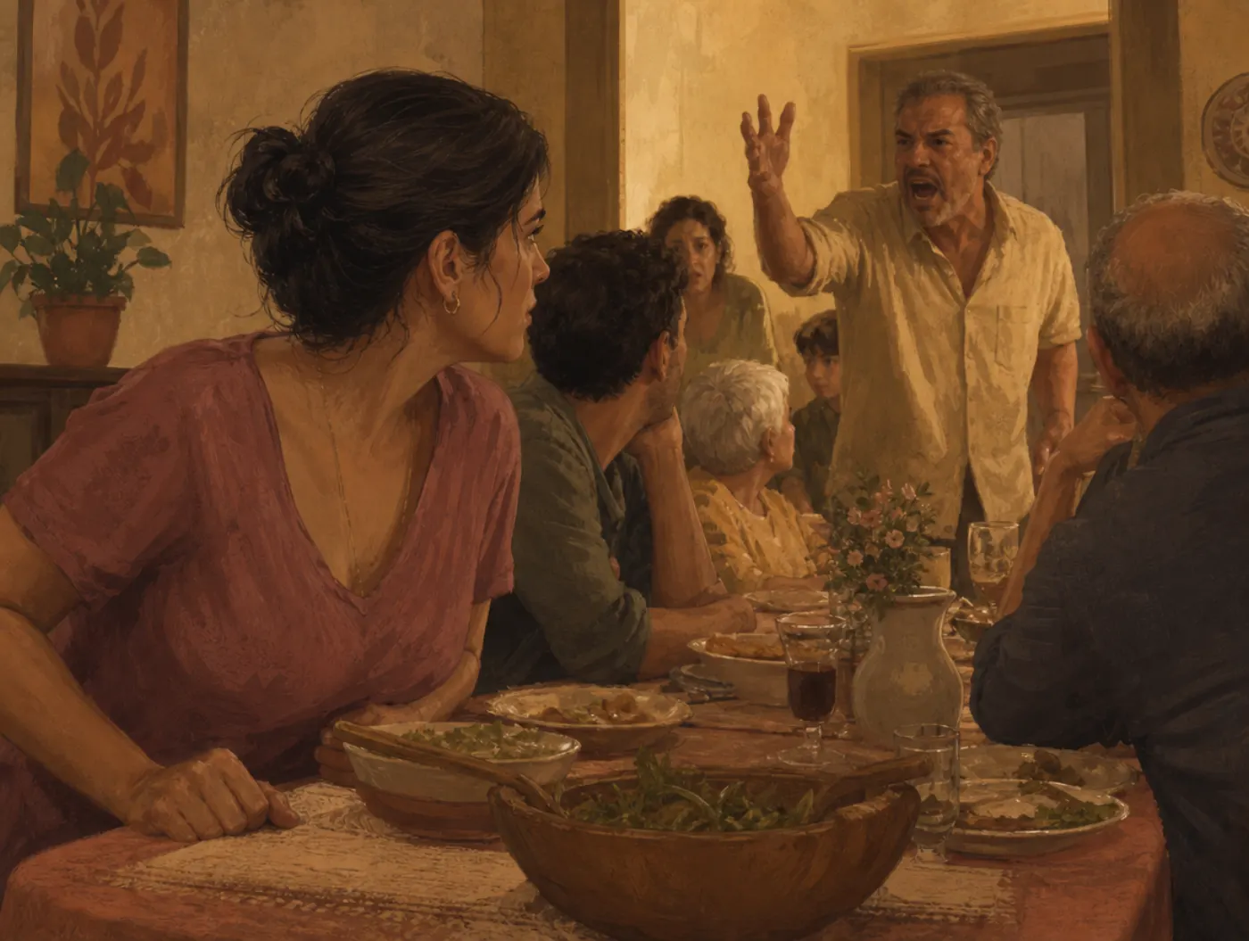 Trauma Response Test: an adult gripping a dinner table's edge, body turned toward the door as a relative's voice rises