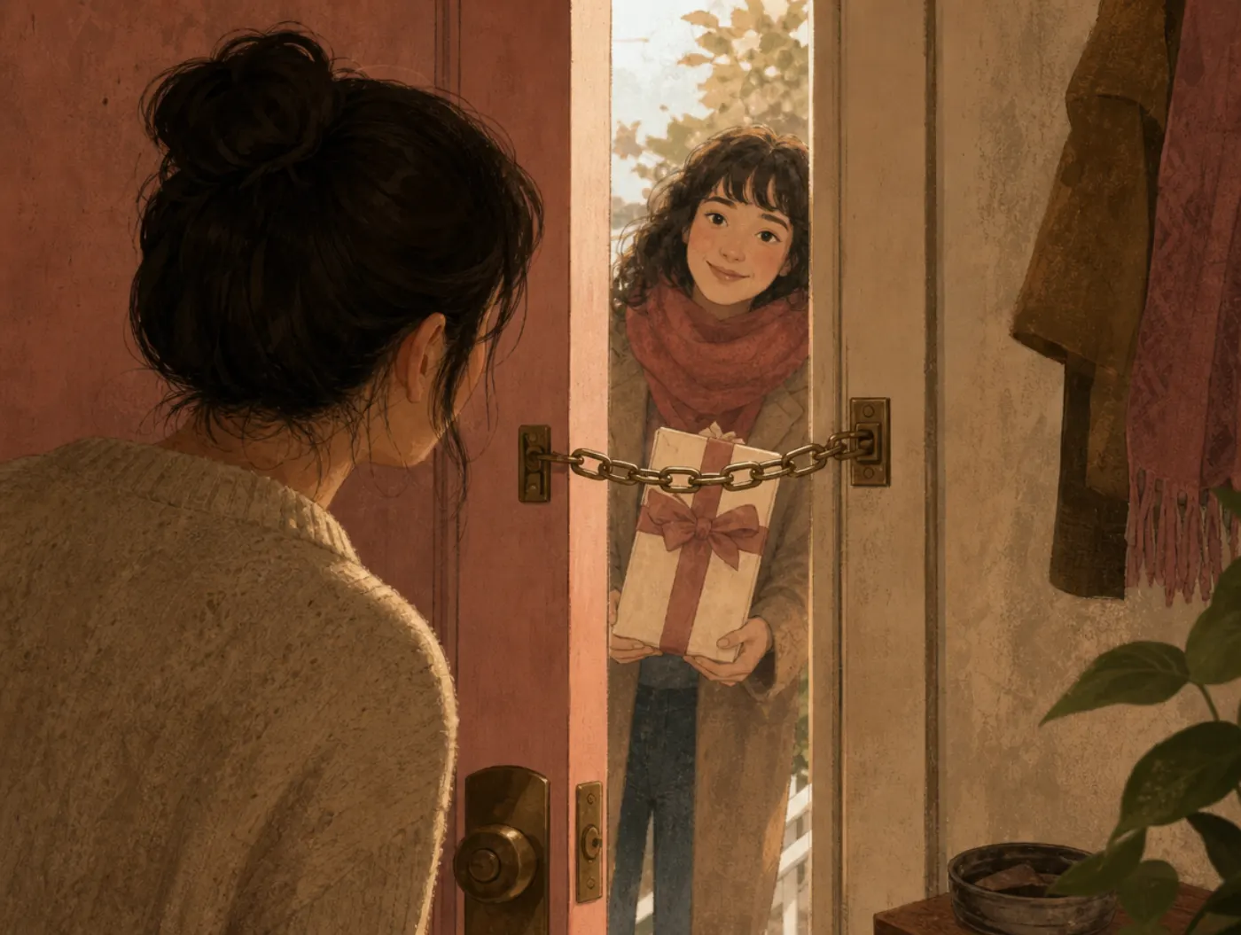 Trust Issues Test: a person peers through a chained front door at a friend waiting outside with a gift