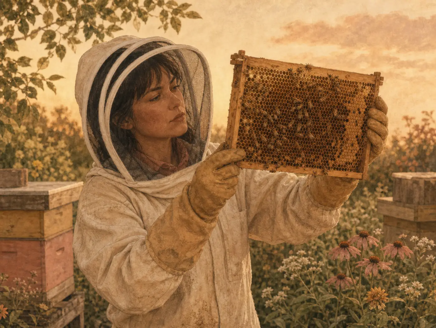 Trypophobia Test: a beekeeper holding a honeycomb frame at arm's length, wincing at its clustered holes
