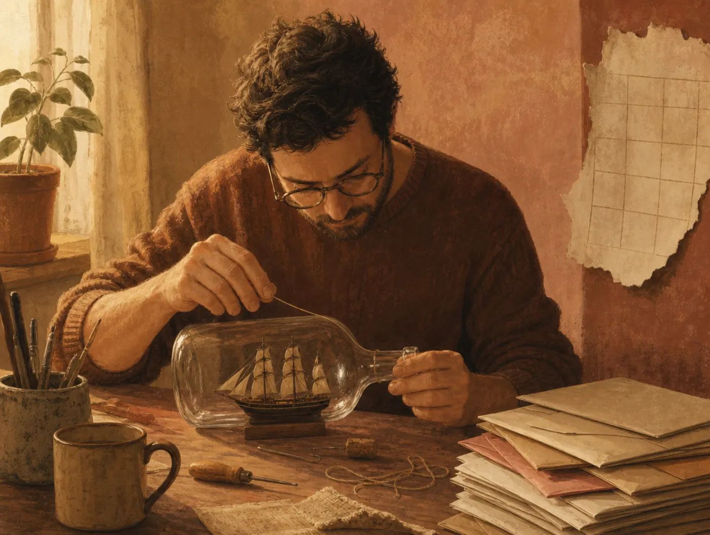 Twice-Exceptional Test: an adult building a model ship in a bottle at a desk piled with unopened mail
