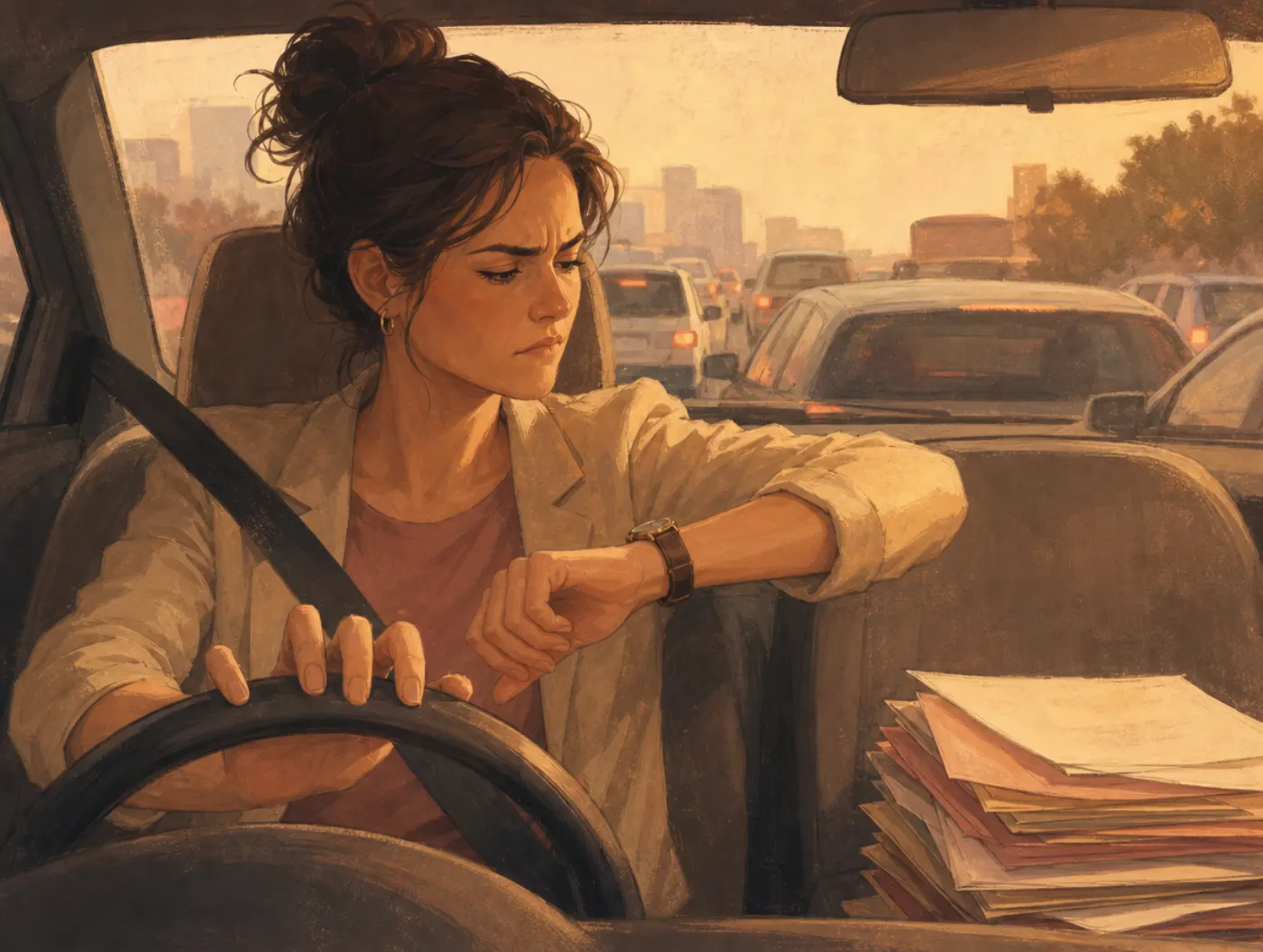 Type A Personality Test: a driver stuck in traffic checking their watch and drumming the wheel, an unchecked to-do list