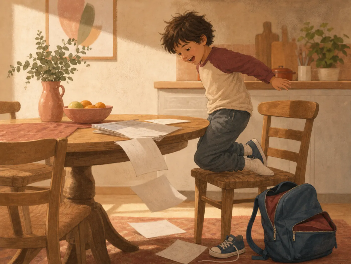 Vanderbilt Assessment Test: a child bouncing on a kitchen chair as homework papers slide off the table