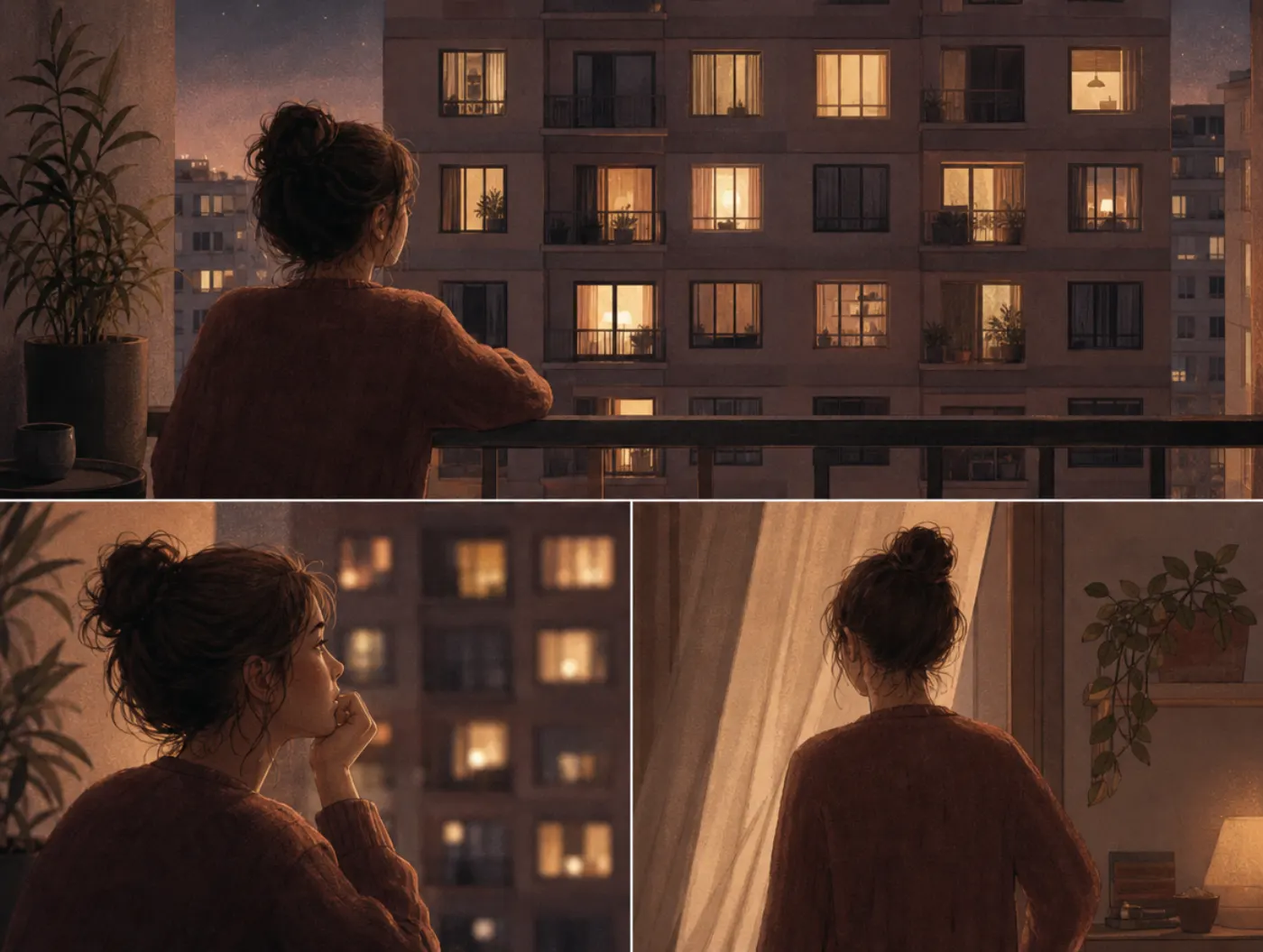 Visual Memory Test: person on a balcony memorizing which windows are lit across a nearby apartment building