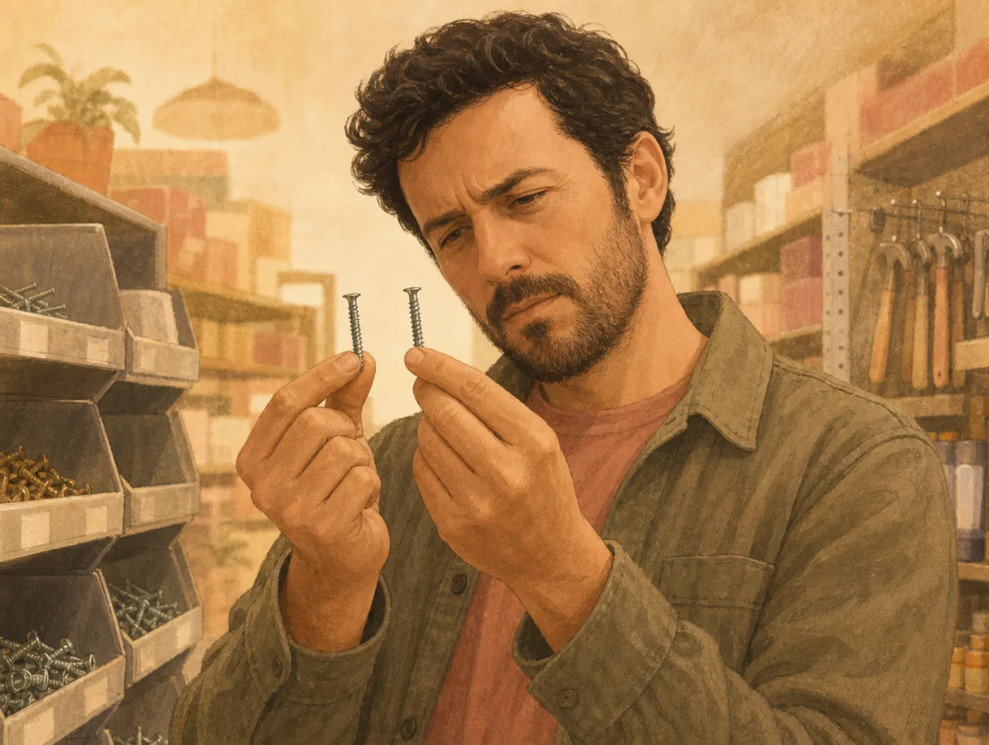 Visual Processing Disorder Test: a man in a hardware store comparing two nearly identical screws, struggling to spot the