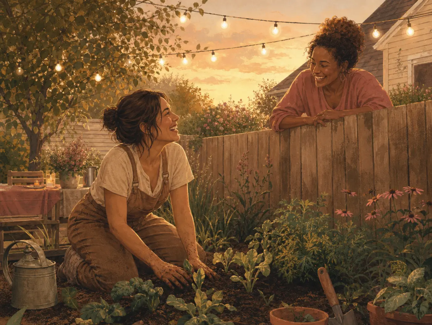 Wellbeing Test: a person planting a garden, laughing with a neighbor, string lights overhead