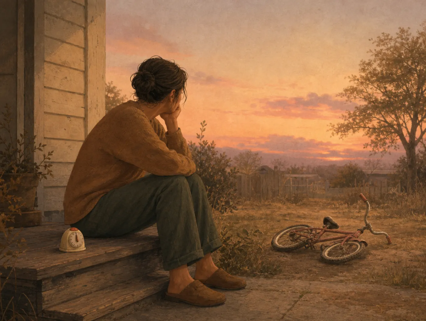 Wender Utah Rating Scale-Style Test: Childhood ADHD Signs: an adult on a porch step looking back at an old bicycle in the yard