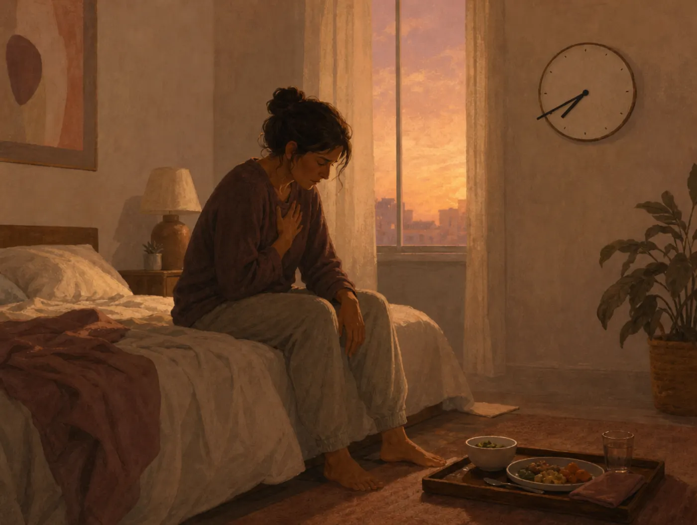 What Disorder Do I Have? Quiz: tired adult sitting on the edge of an unmade bed at dusk, hand on chest, clock nearby