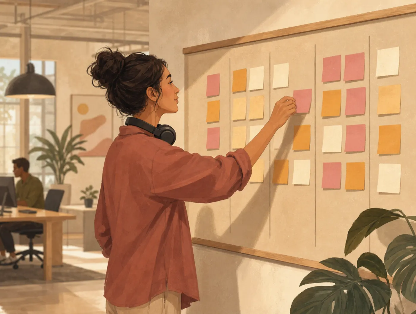 Work Style Test: a person moving a sticky note across a wall-mounted kanban board of task columns in an office