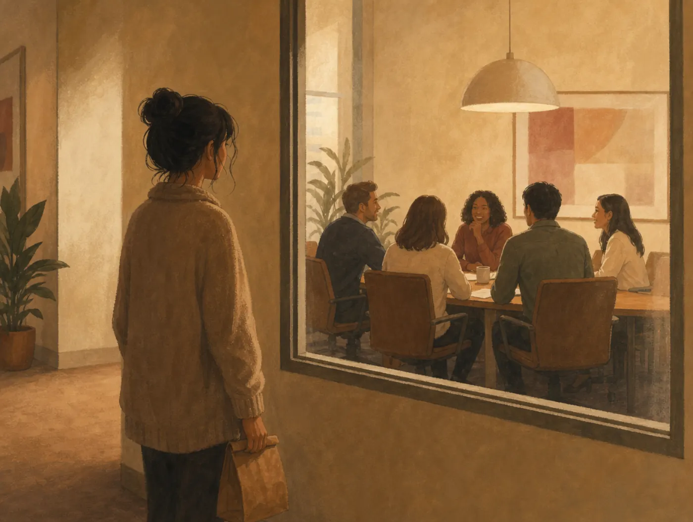 Workplace Bullying Test: an employee outside a meeting room, watching coworkers meet without them