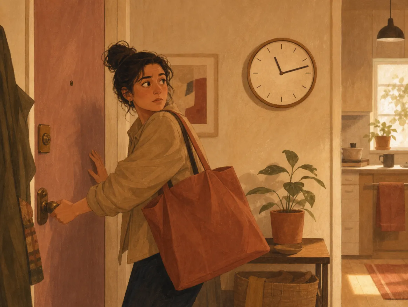 OCD Severity Test: a tired person at their front door, hand on the lock, checking it again as a wall clock runs late