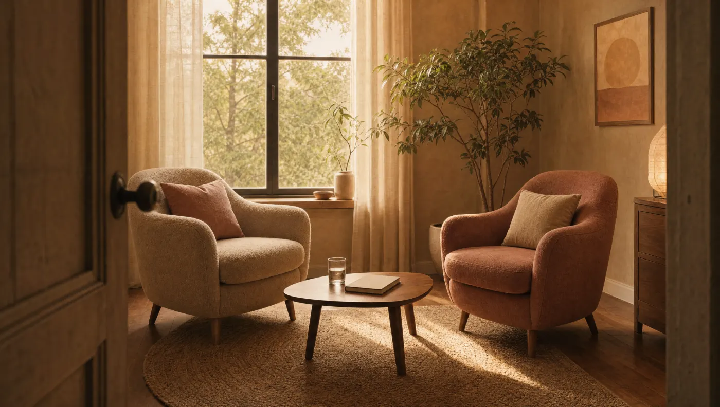 Illustration of a warm consulting room with two armchairs by a tall window, a small table and a plant