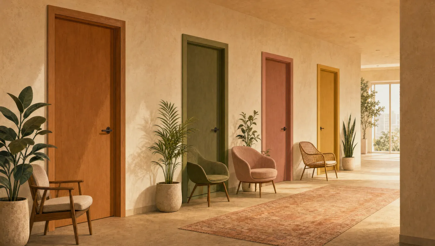 Illustration of a corridor with four office doors, each a different color with its own chair and plant