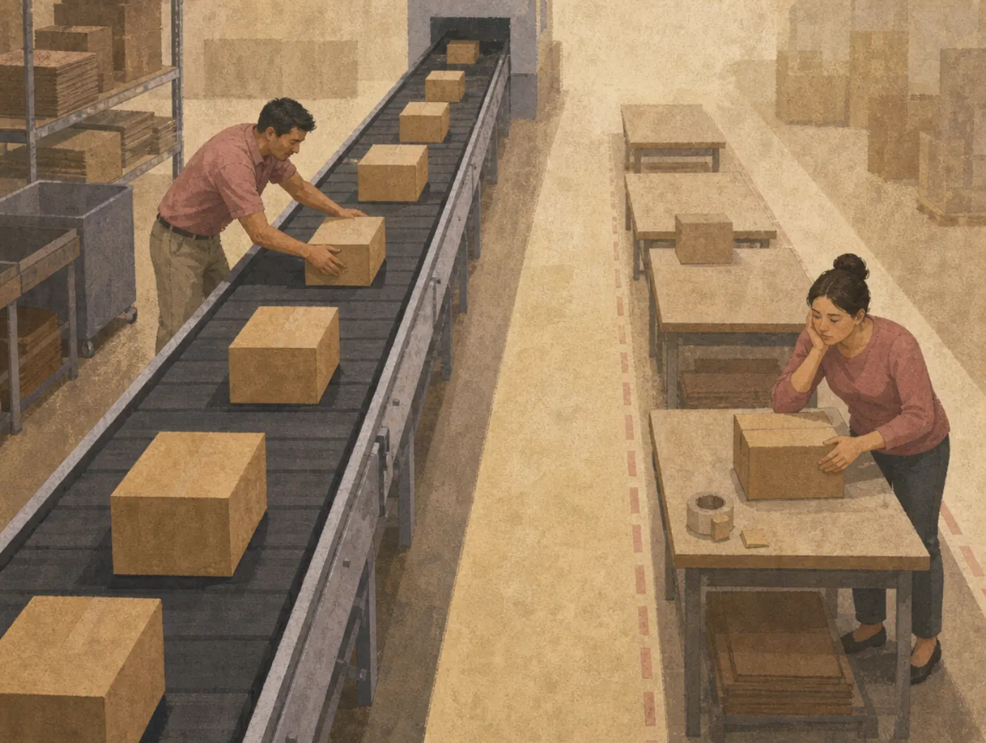 A man fusses eagerly over boxes already speeding along a conveyor, while at the slow hand-carry station beside it a woman waits idly with one box.