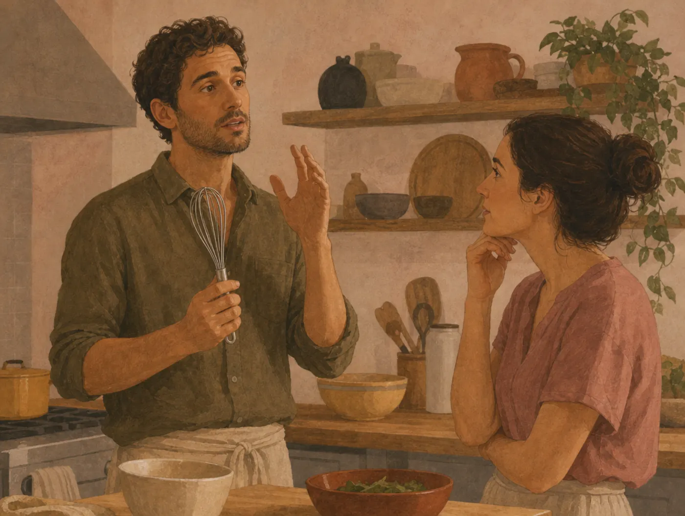 A man holding a whisk pauses mid-sentence, mouth open and hand raised, as the word for it hovers just out of reach, his companion waiting patiently.