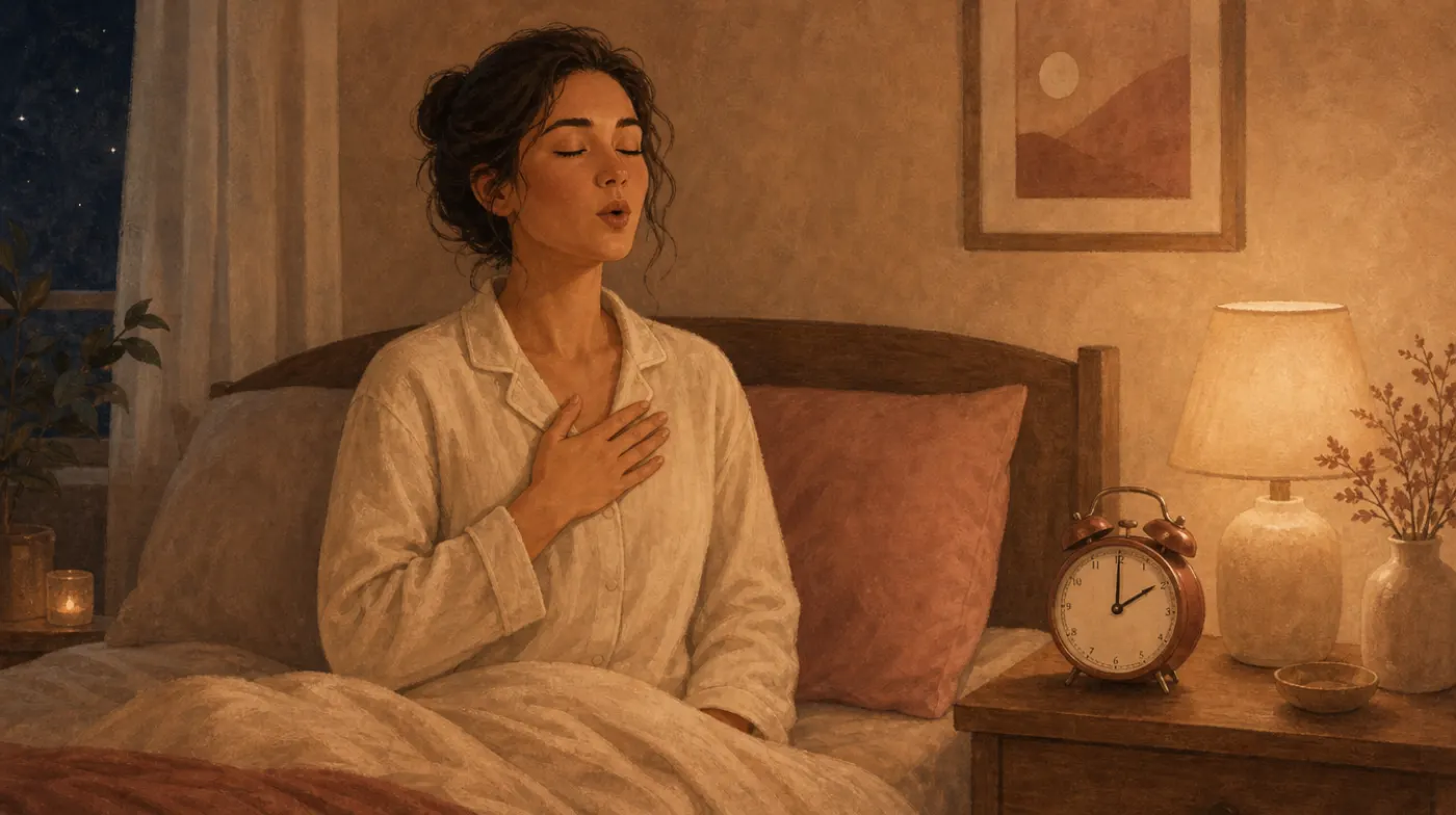 4-7-8 Breathing: person sitting up in bed at night, hand on chest, exhaling slowly beside a bedside clock