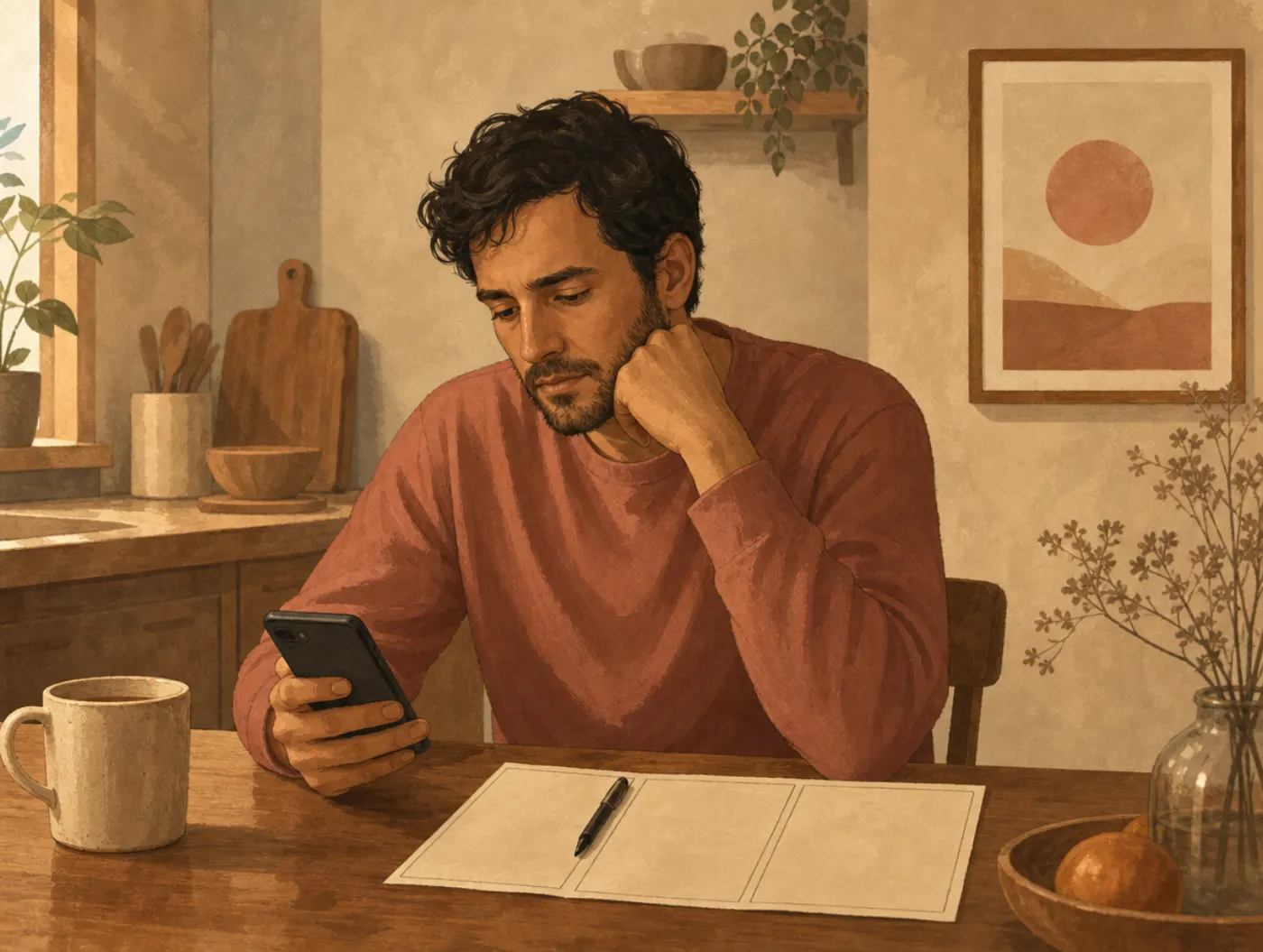 ABC Model Worksheet: a man at a table pauses his pen over a three-column worksheet, phone with an unanswered text beside