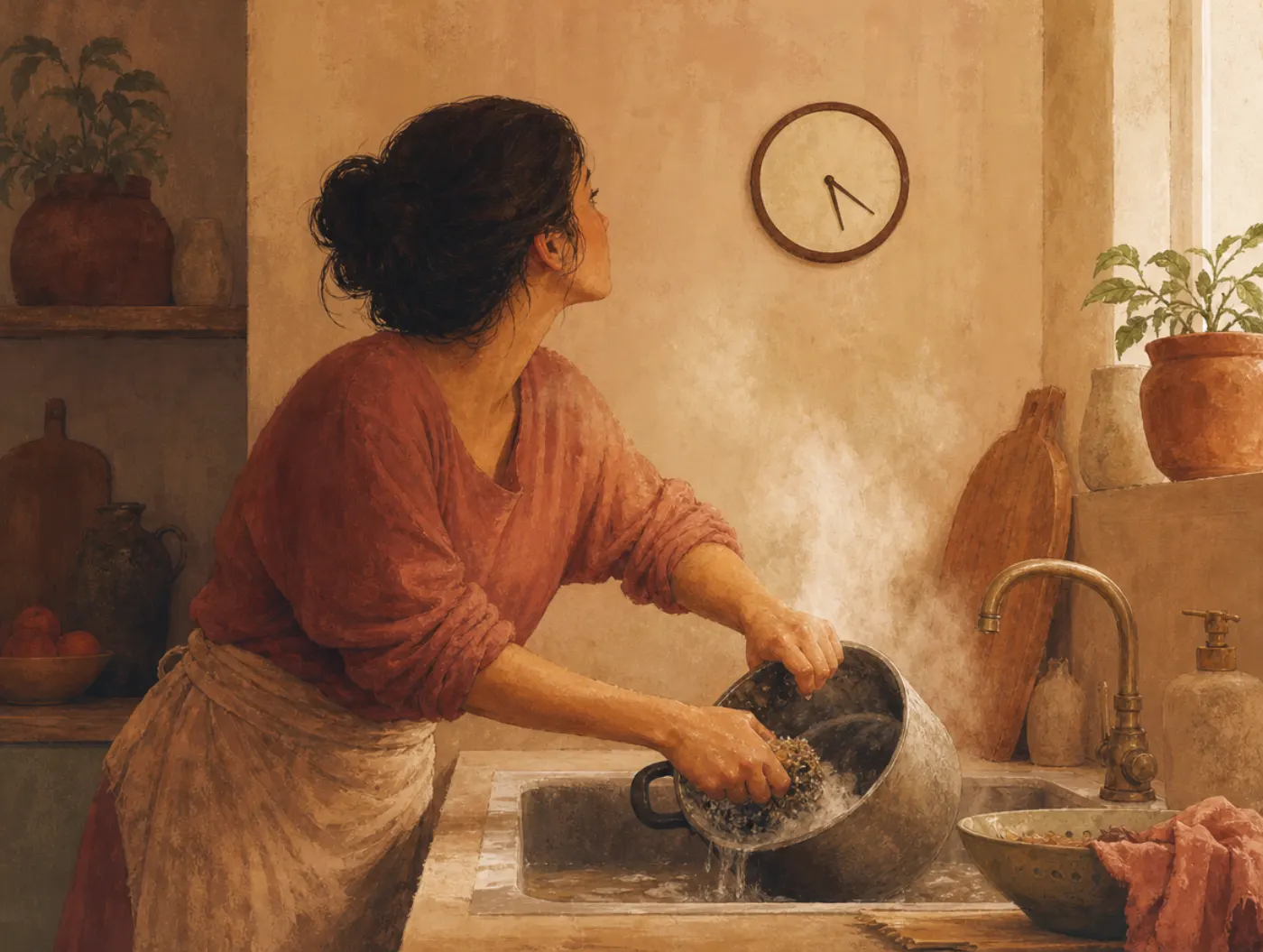 ACCEPTS DBT: person scrubbing a pot at a steamy sink, glancing at a small wall clock