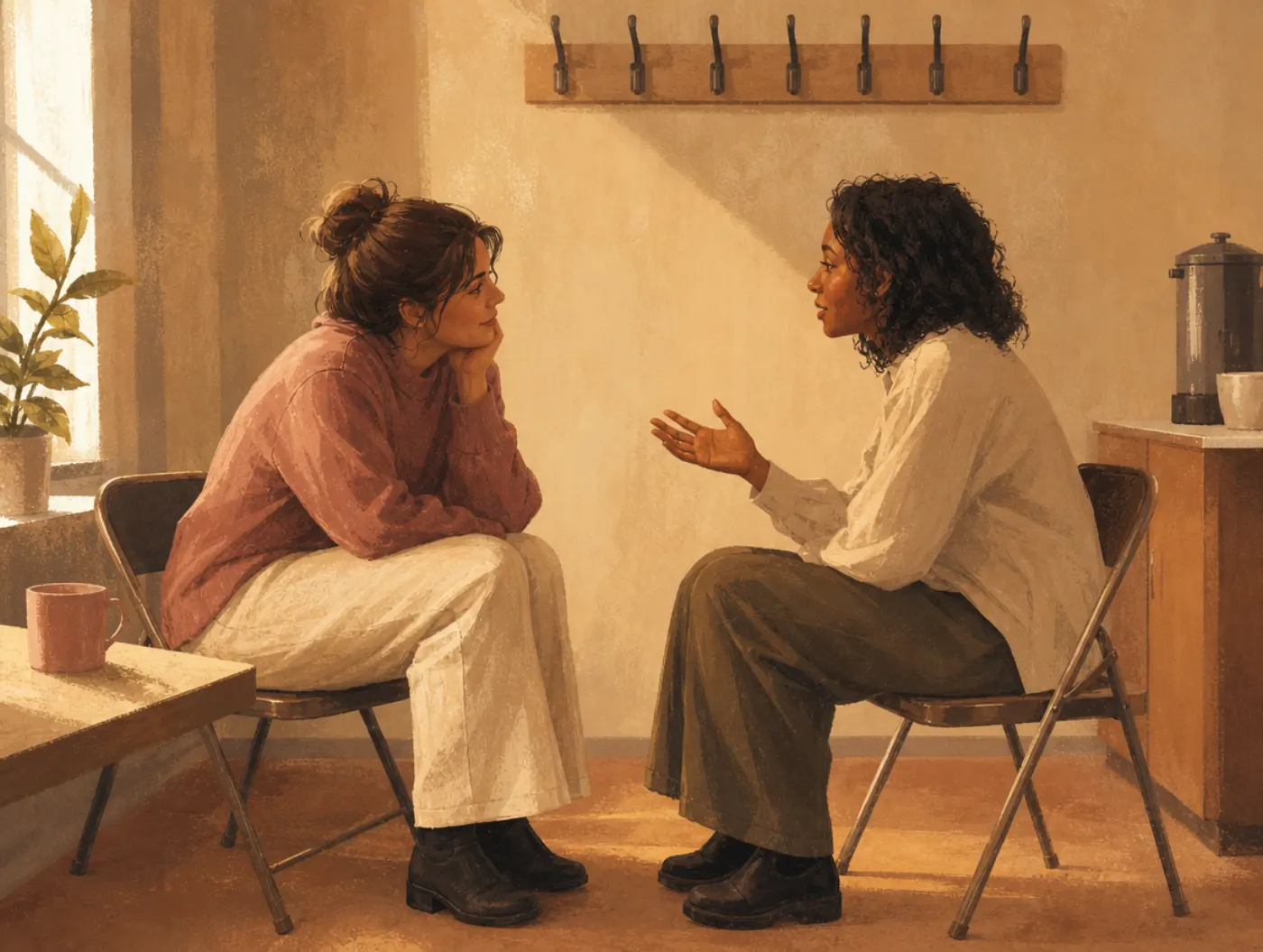 Active Listening: two coworkers leaning in on facing chairs, one listening intently as the other gestures