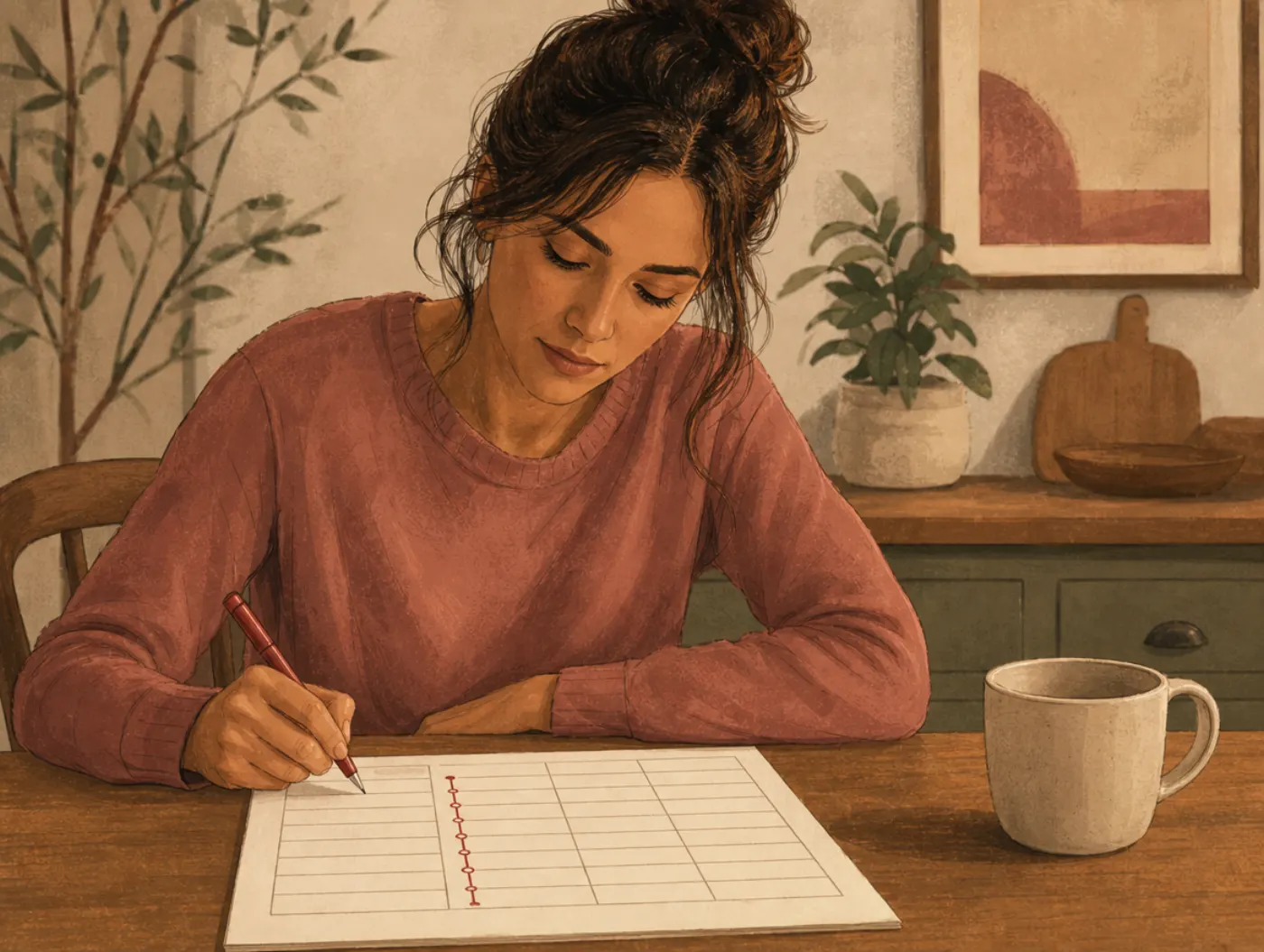 Anger Log: a person filling in a paper log's trigger, intensity, response and outcome columns at a kitchen table