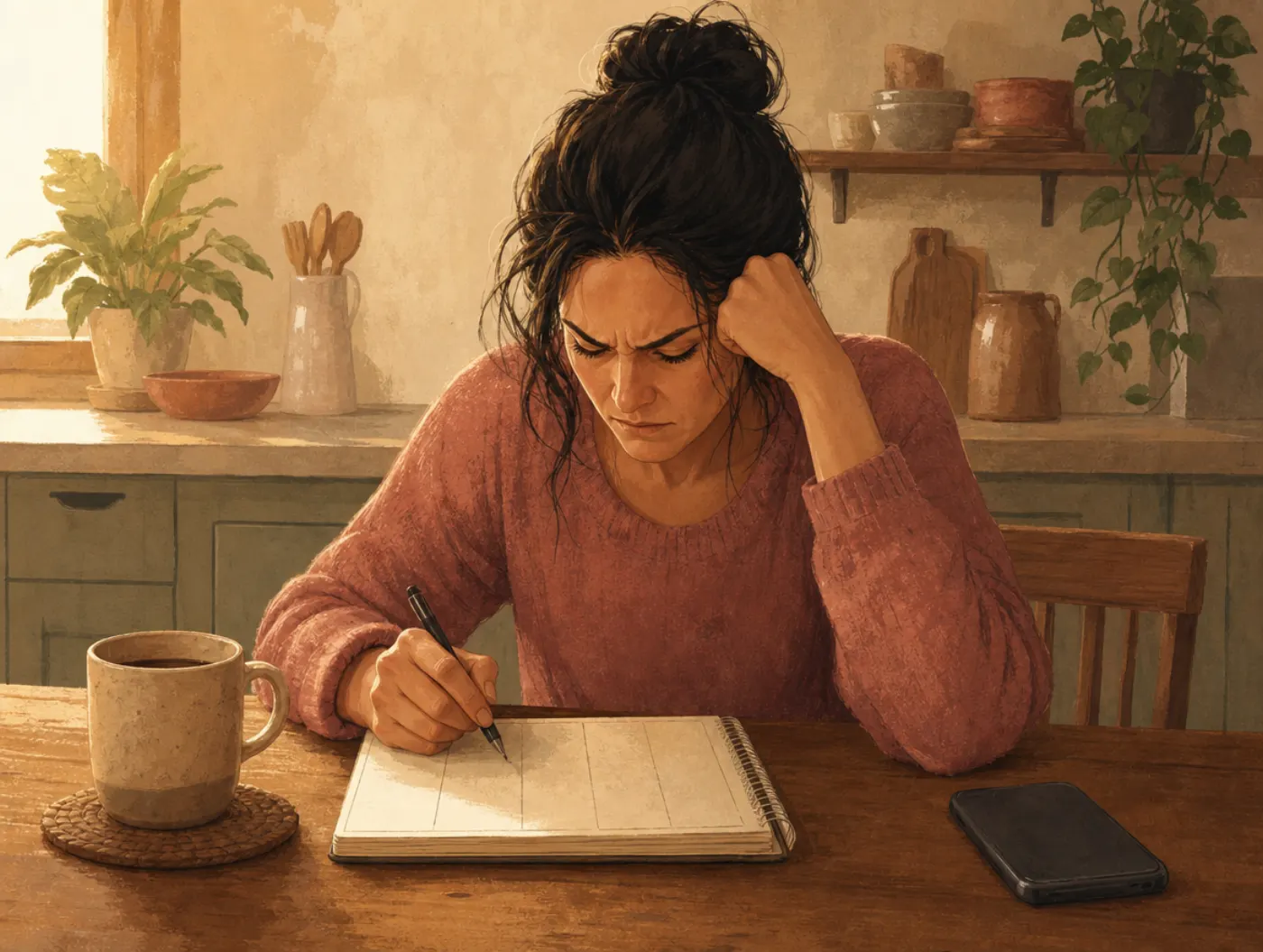 Anger Triggers Worksheet: a tense adult journaling at a kitchen table, phone face-down beside a mug