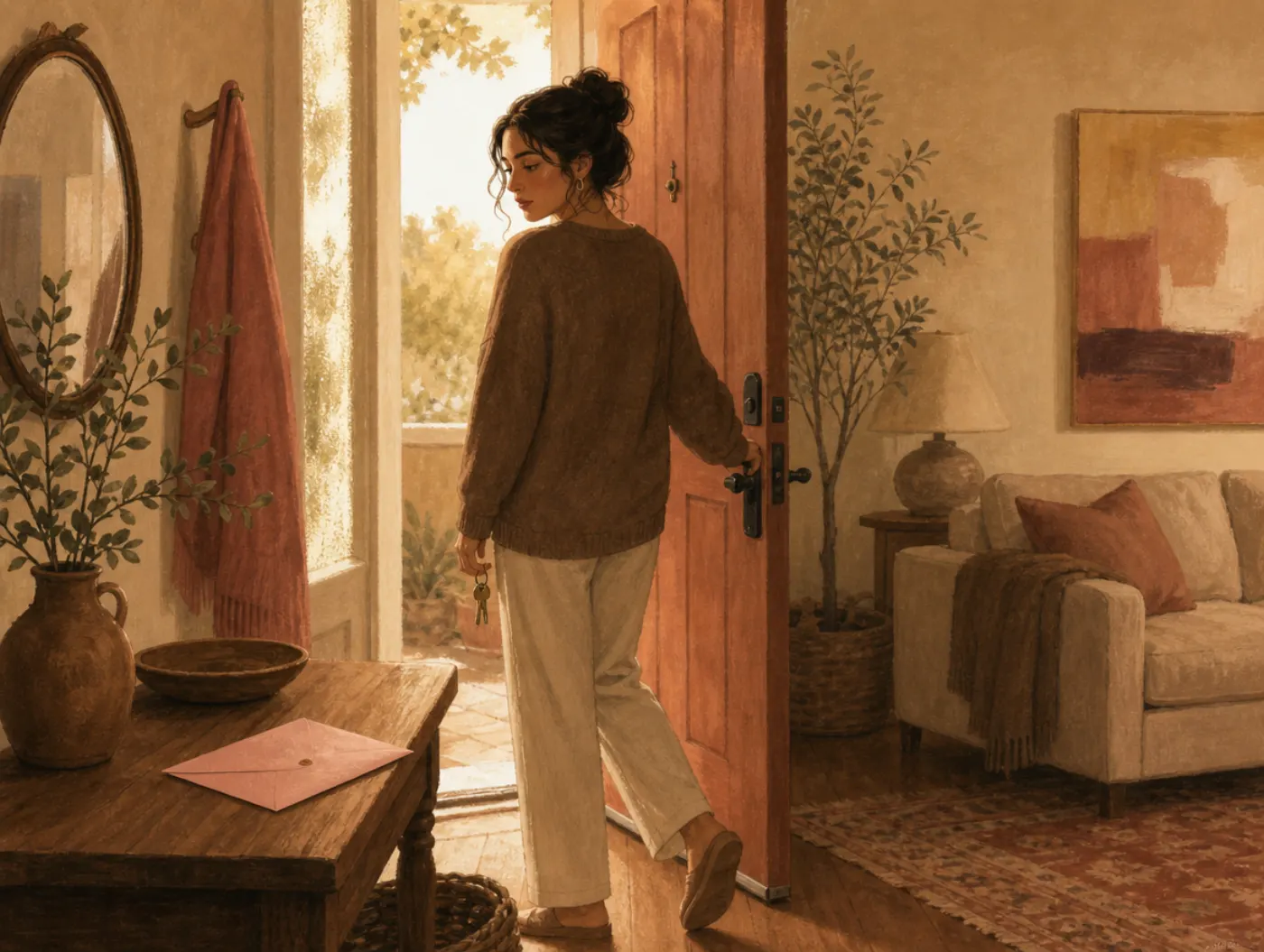 The Anxiety Cycle: person hesitating at the front door, stepping back inside instead of leaving for an event