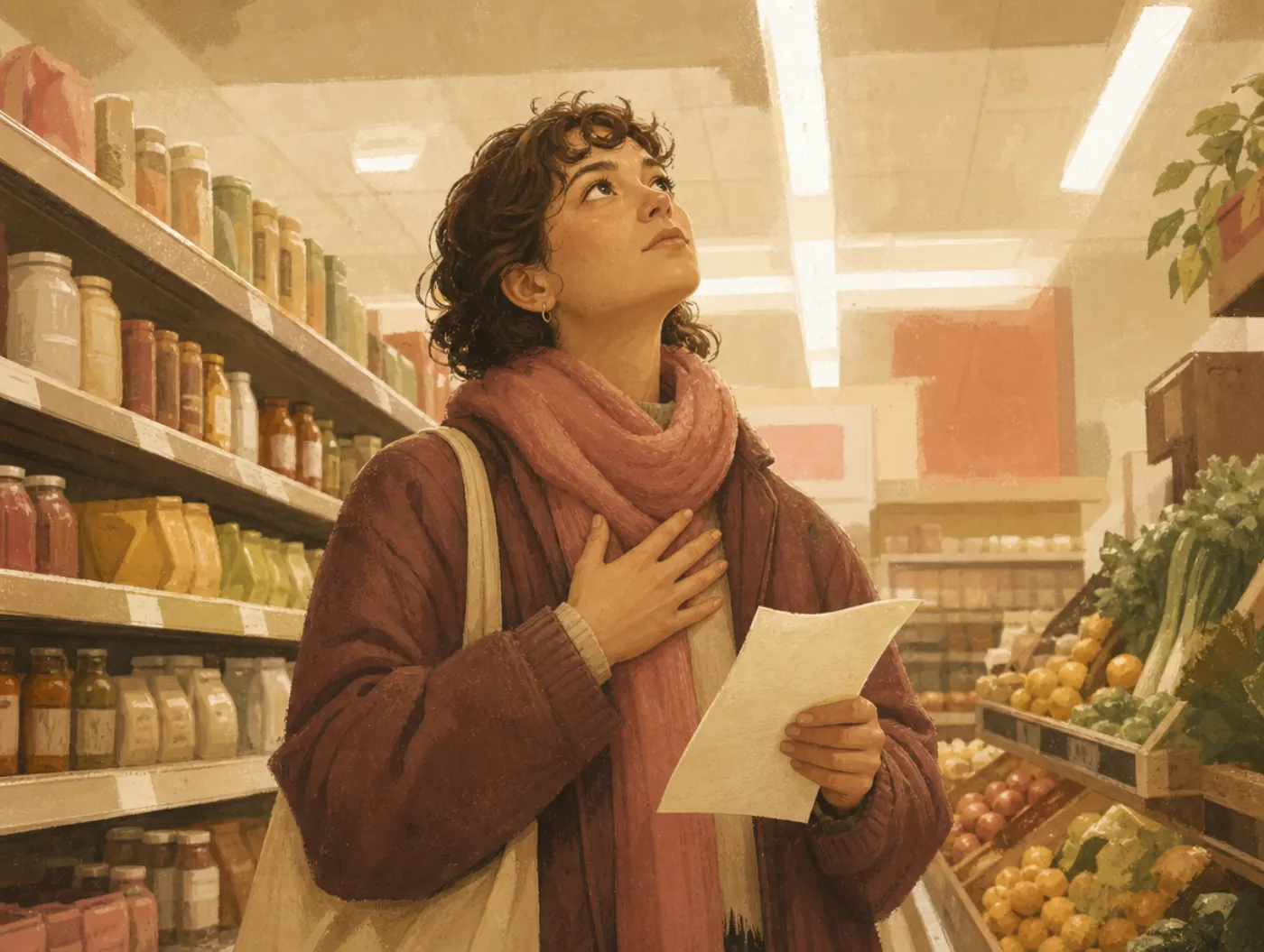 Anxiety Triggers Worksheet: a person pausing in a grocery aisle, hand on chest, gripping a shopping list under bright fl