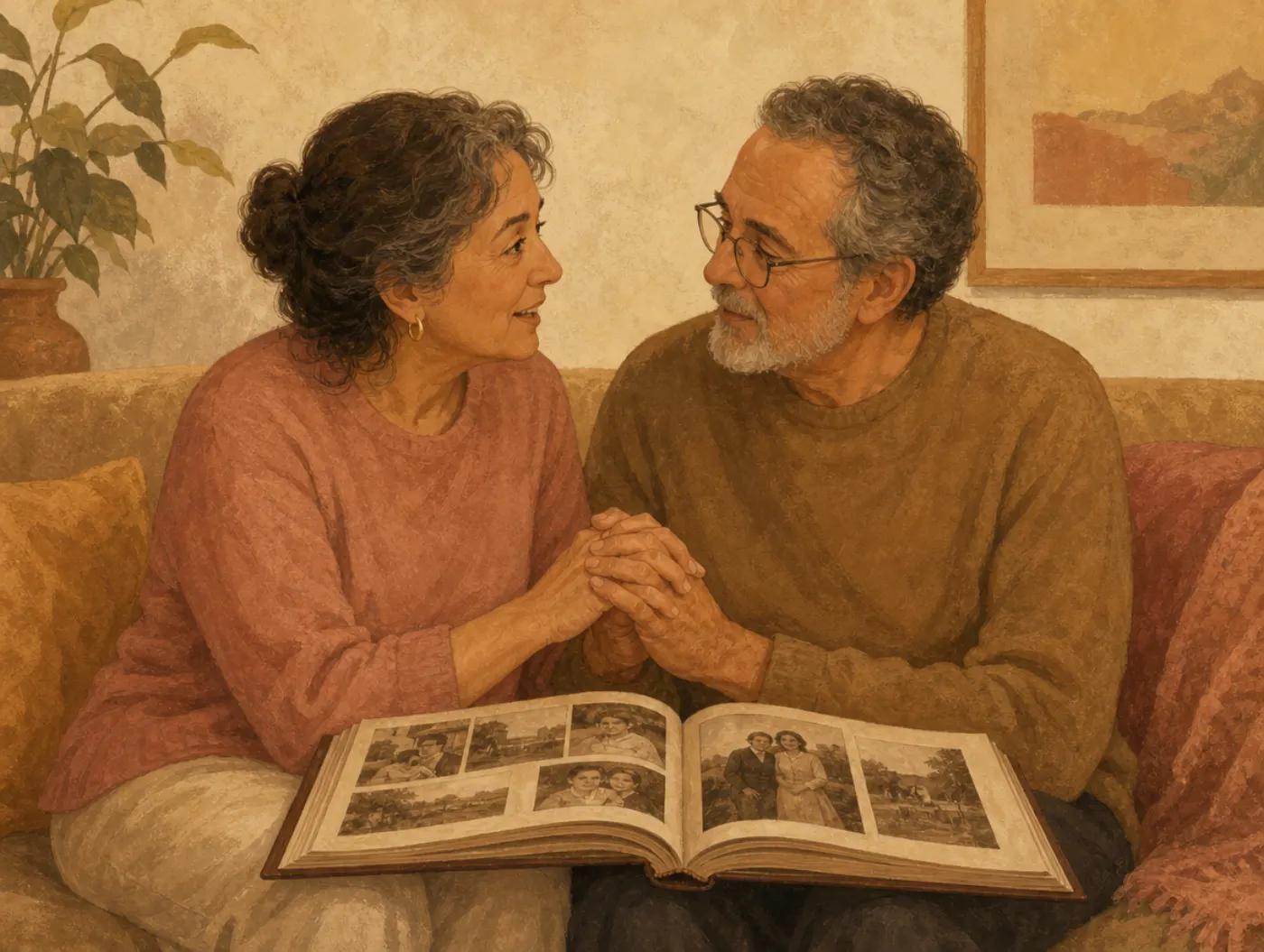 Appreciation & Admiration Exercise: couple sitting knee-to-knee, hands clasped, sharing an open photo album while talkin