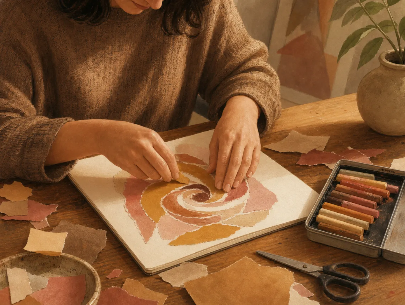 Art Therapy Activities: adult gluing torn colored paper scraps into a collage beside an open tin of oil pastels