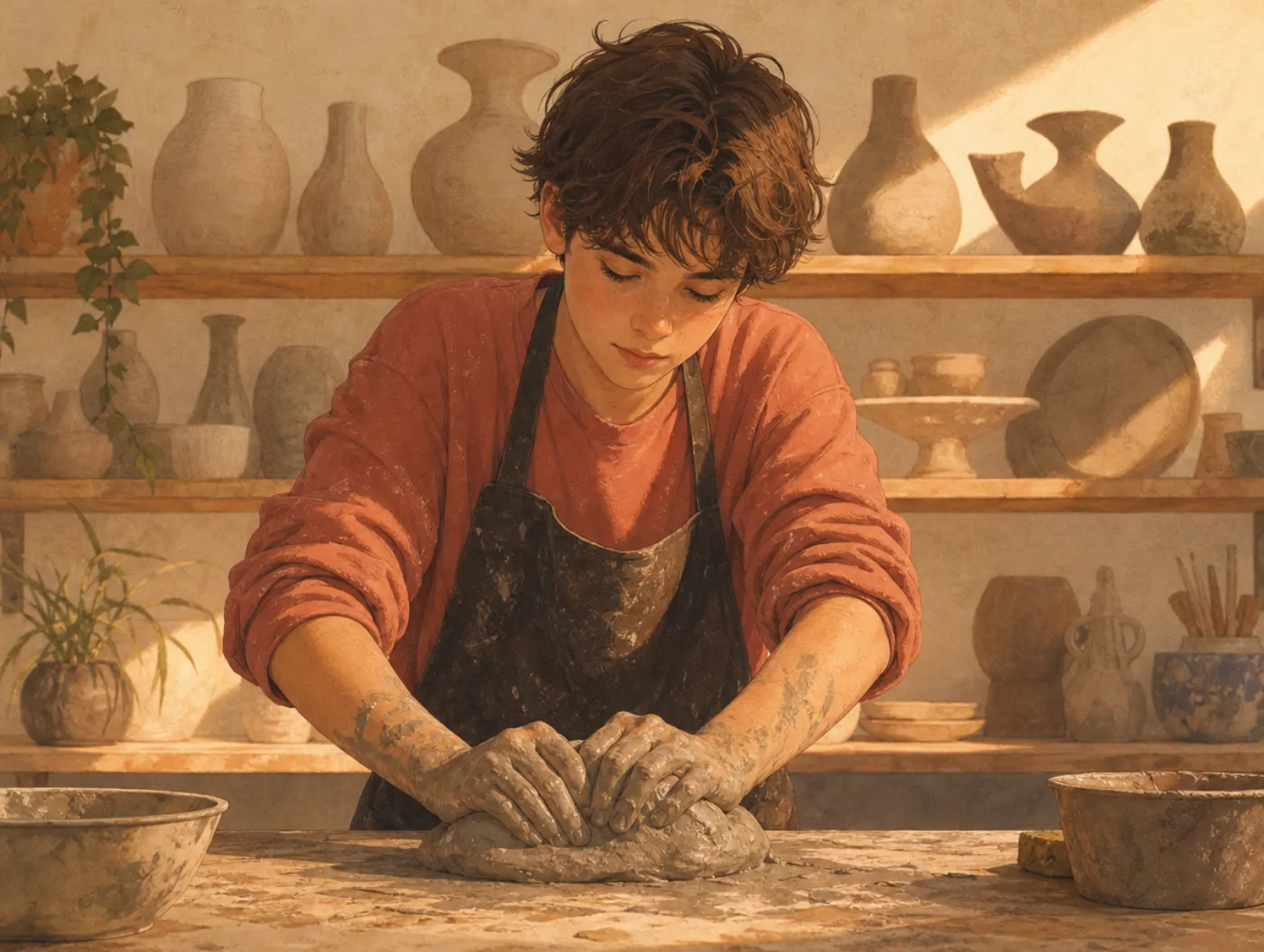 Art Therapy for Teens: a teen molding wet clay with both hands in a sunlit studio