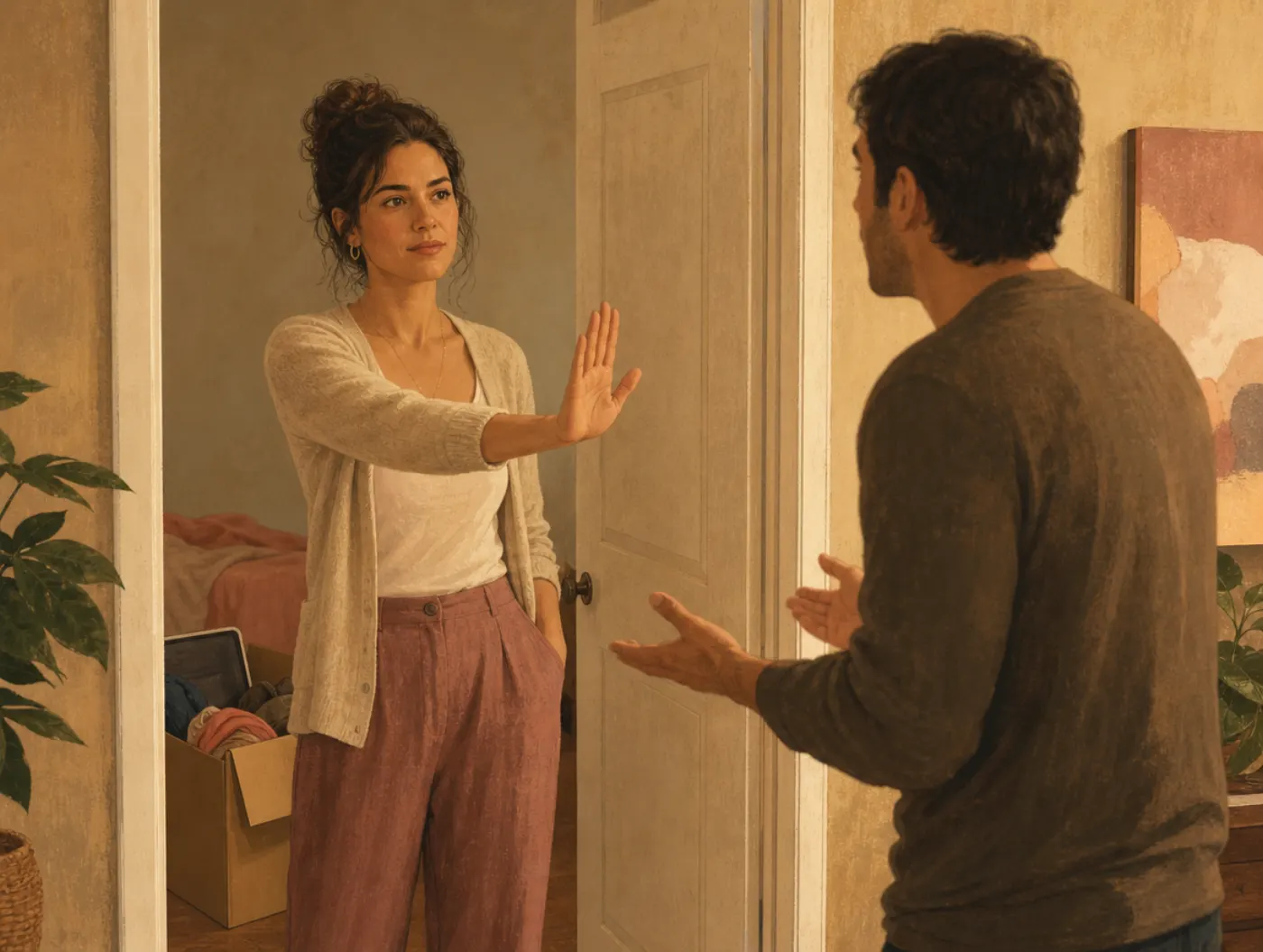 Assertive Communication Worksheet: a woman calmly raises a hand to pause a man talking in a doorway, staying relaxed but