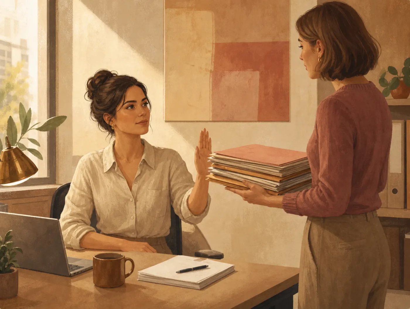 Assertiveness Bill of Rights: office worker raises a hand to decline a stack of folders a coworker offers, holding eye c
